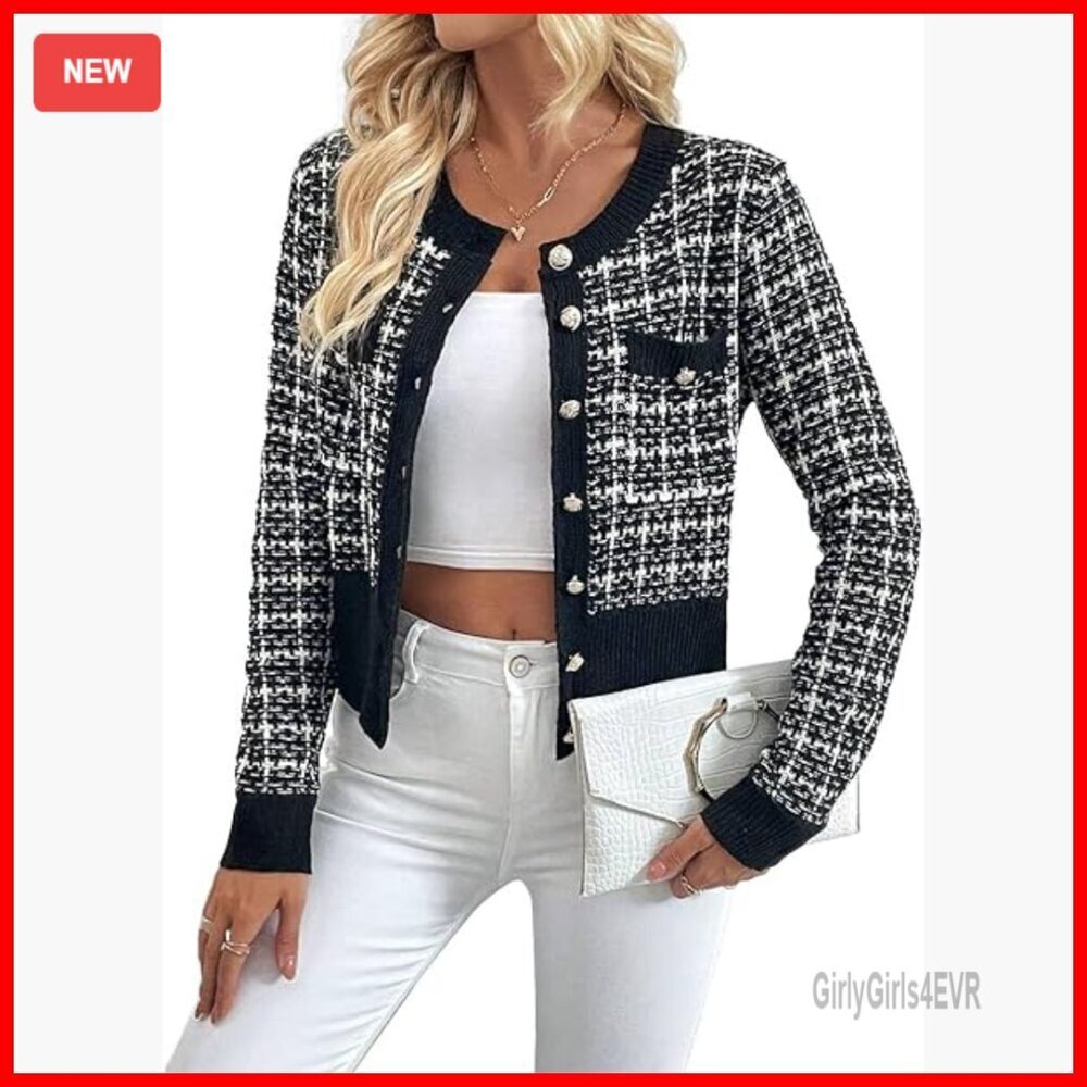 Tweed Plaid Cardigan Blazer Long Sleeve Crew Neck Knit Jacket